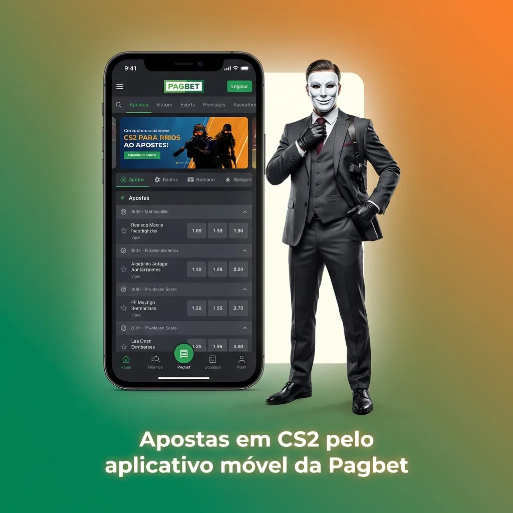 App Pagbet móvel mostrando apostas em CS2 com mercados, odds e notificações de partidas ao vivo no celular