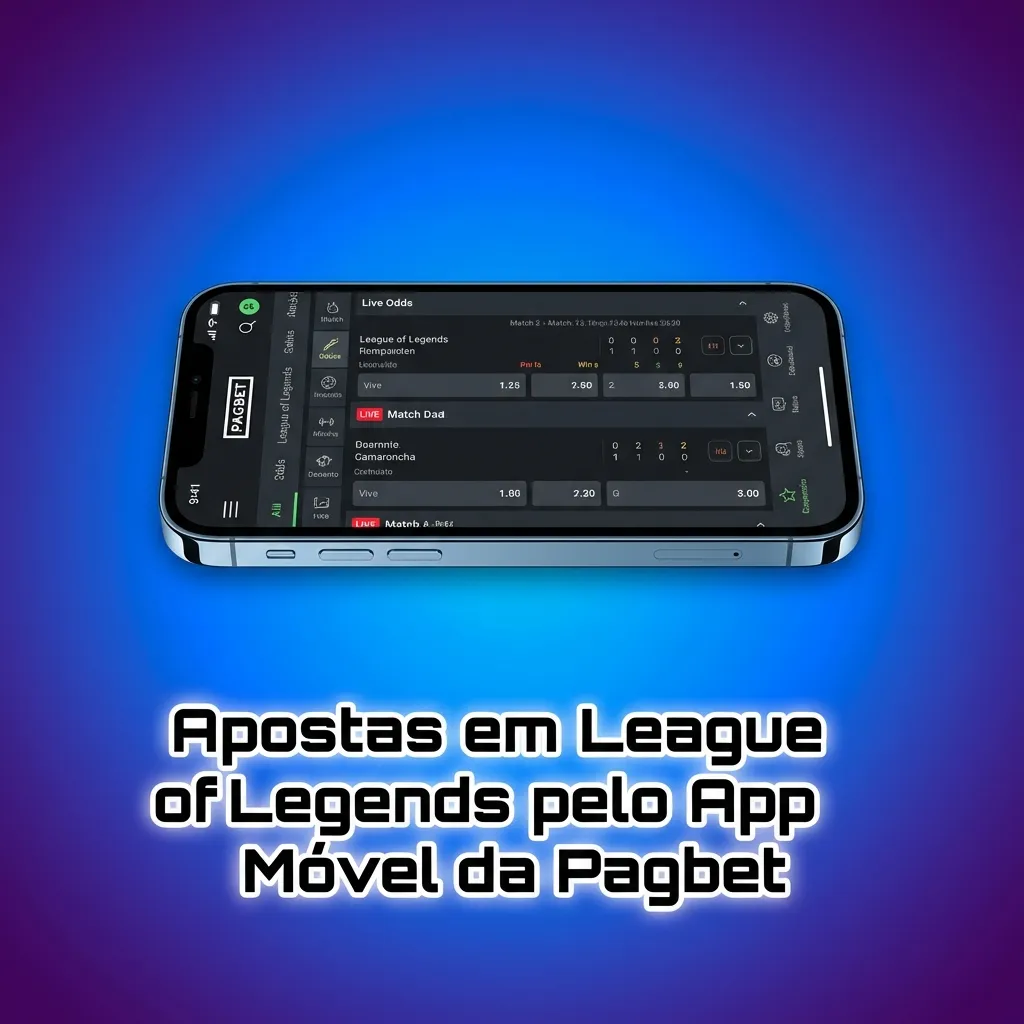 Smartphone displaying Pagbet mobile app interface with League of Legends betting options and live match statistics